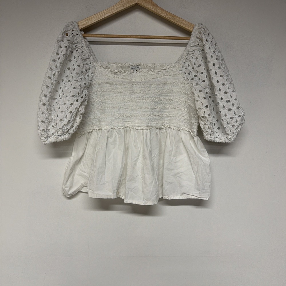 American Eagle White Peplum Blouse Eyelet Puff Sleeve Smocked Top XL